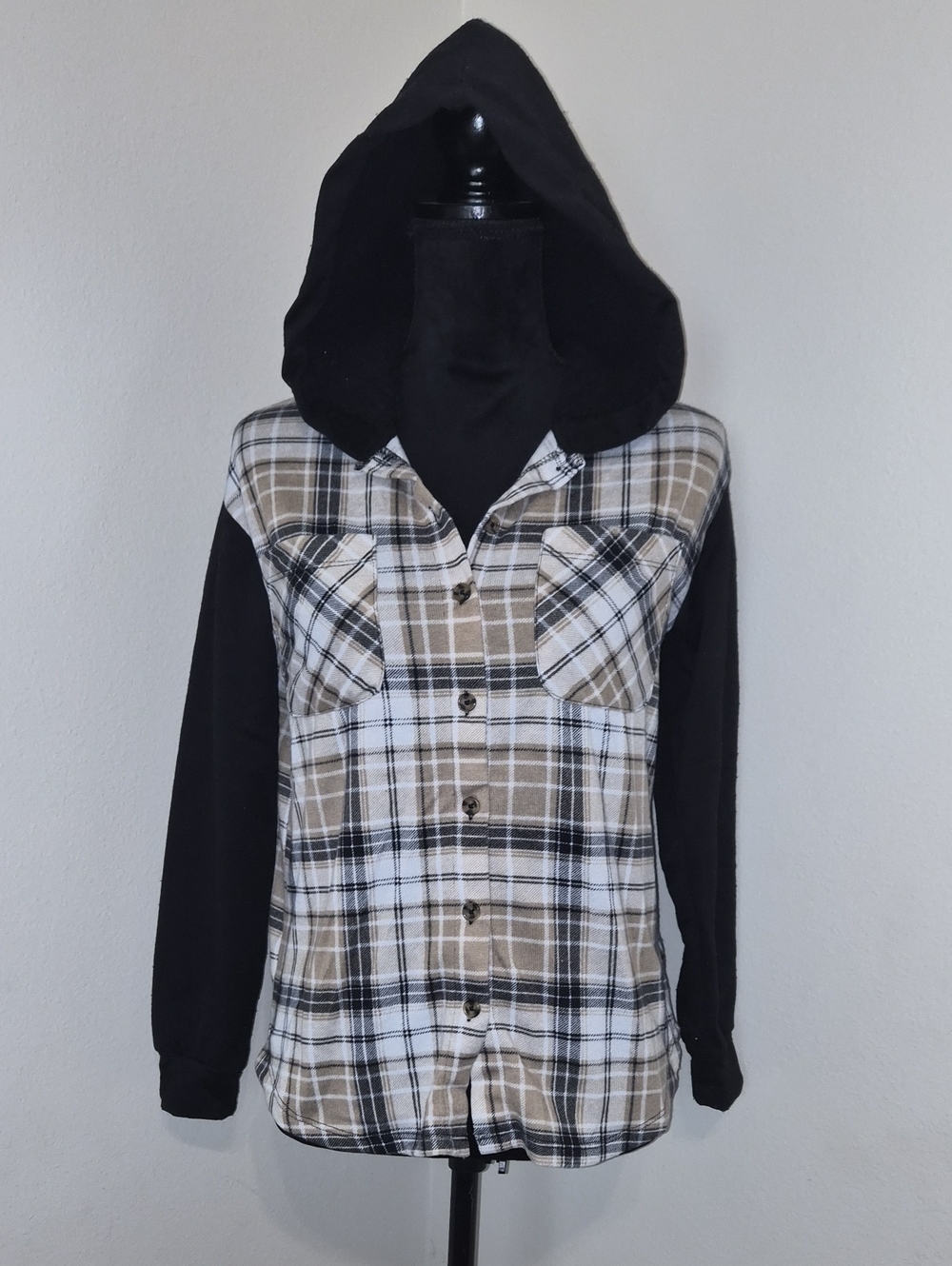 Plaid Hooded Button-Up Shirt Jacket - Black and Tan